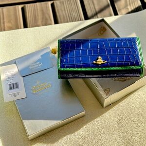 Authentic New Vivienne Westwood Orb genuine leather Trifold long wallet in blue